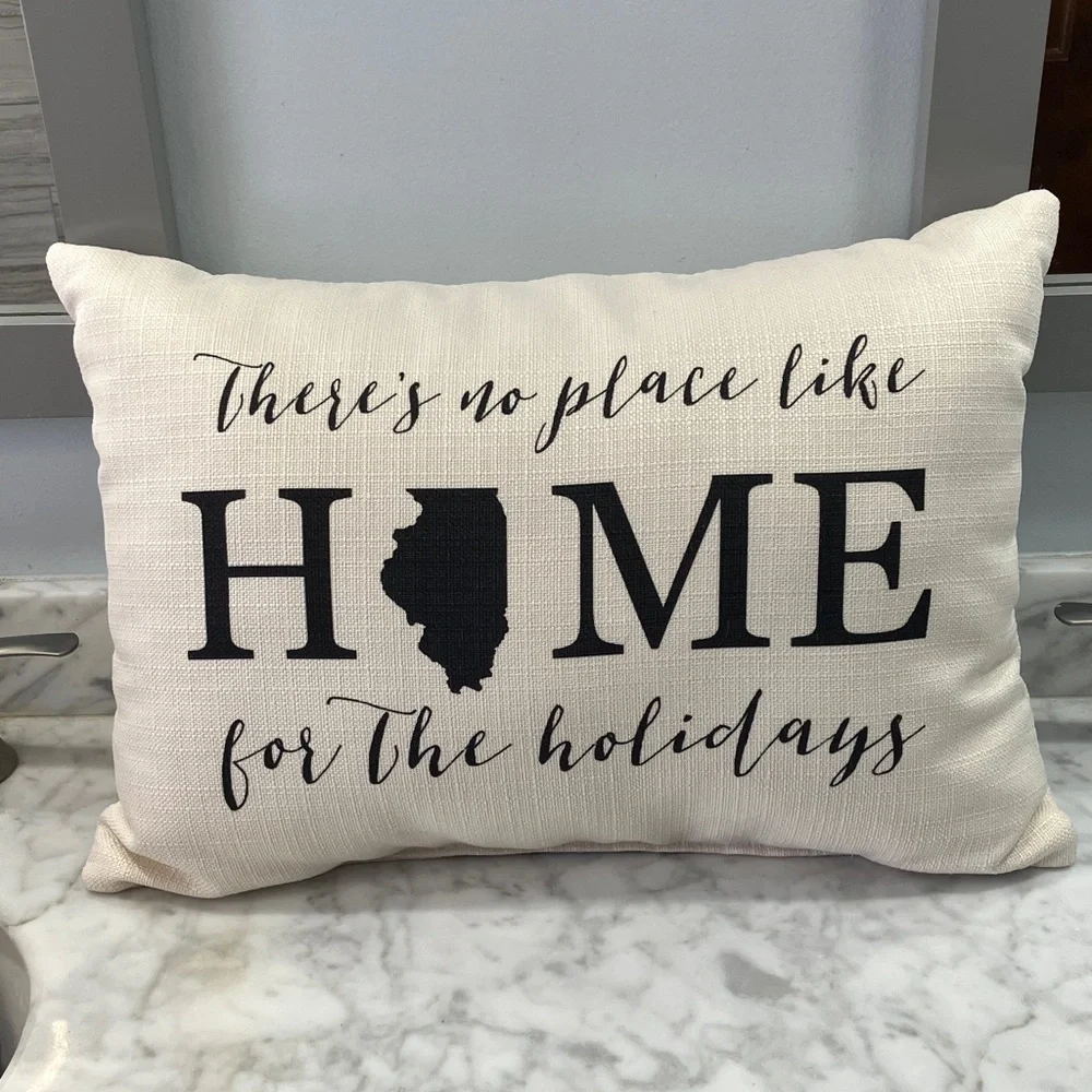 Illinois Home for the Holidays Decorative Pillow - Cream and Black 19in x 13 in
